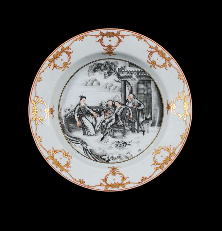 Chinese export porcelain plate painted en grisaille with a european subject tavern scene